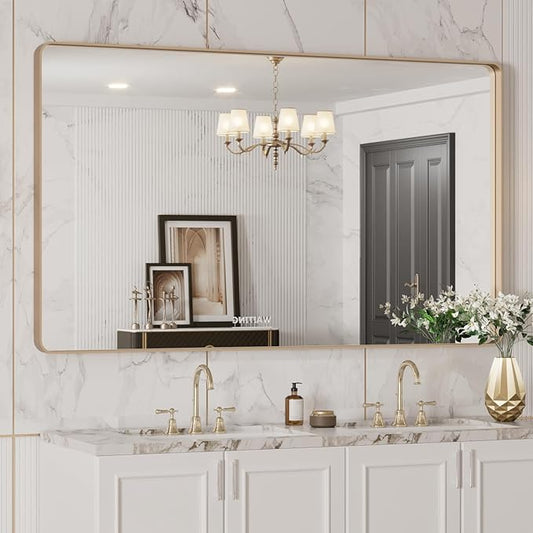 LOAAO 50”X30” Gold Bathroom Mirror, Rounded Rectangle Gold Frame Mirror, Brushed Gold Bathroom Vanity Mirror Wall-Mounted, Anti-Rust, Tempered Glass, Hangs Horizontally or Vertically