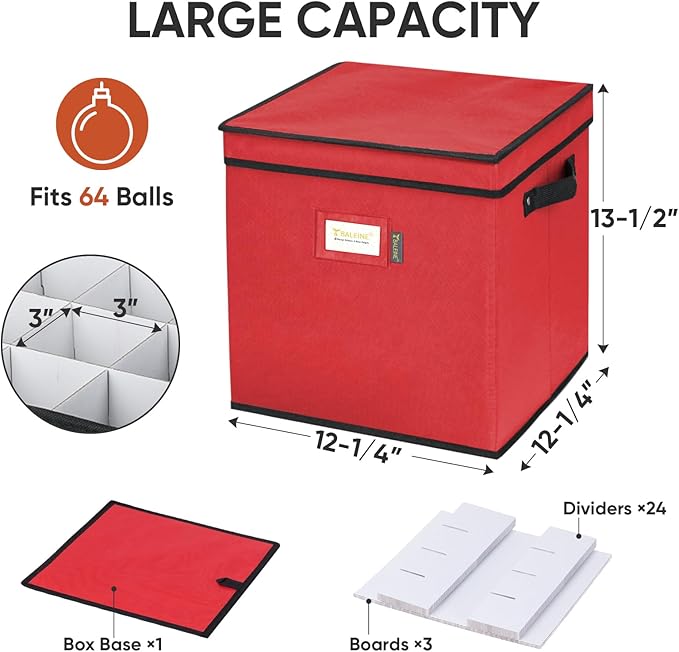 BALEINE Christmas Ornament Storage Box with Dividers, Premium Holiday Ornaments Storage Container Bin for Xmas Decorations (64 Ball, Grey, Without Tray)
