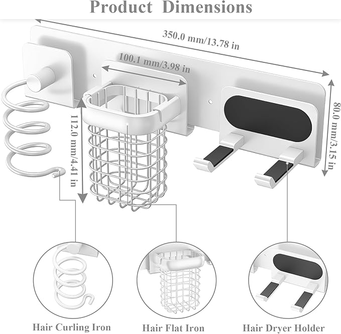 Tindbea Upgraded Aluminum Alloy Hair Dryer Holder Wall Mounted with Built-in Cord Wrap,3-in-1 Hair Tool Organizer for Blow Dryer, Curling Iron, and Straightener, White
