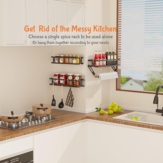 3 Pack Spice Rack Wall Mount With Paper Towel Holder and Hooks, Screw or Adhesive Hanging Spice Shelf,Space Saving Spice Organizer for Seasonings, Spice Racks for Stove,Cabinet, Pantry Black