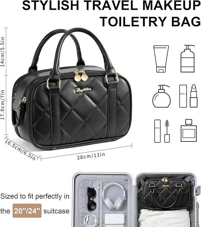 Travel Makeup Bag, Large Capacity Quilted Toiletry Bag for Women Stand-up Cosmetic Bag Open Flat Make Up Case Organizer Portable Pouch Purse w/Handle for Traveling Accessories, Black