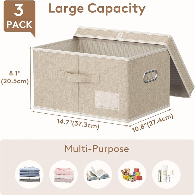 Lifewit Clothes Storage Bins with Lids, Fabric Foldable Storage Boxes with Handles, Decorative Closet Organizer, Stackable Cube Baskets Container for Bedroom, Office, 21L Medium Beige, 3 Packs