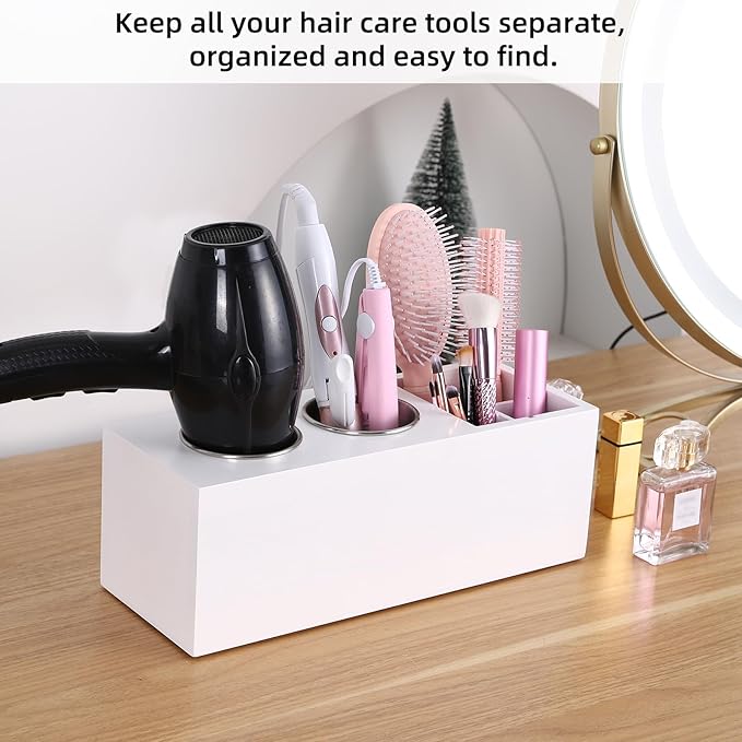 Hair Dryer Countertop Holder, Hair Tool Organizer Wall Mount, Blow Dryer Holder Organizer, Bathroom Countertop Blow Dryer Holder and Curling Iron Holder (Cedar Wood, White)