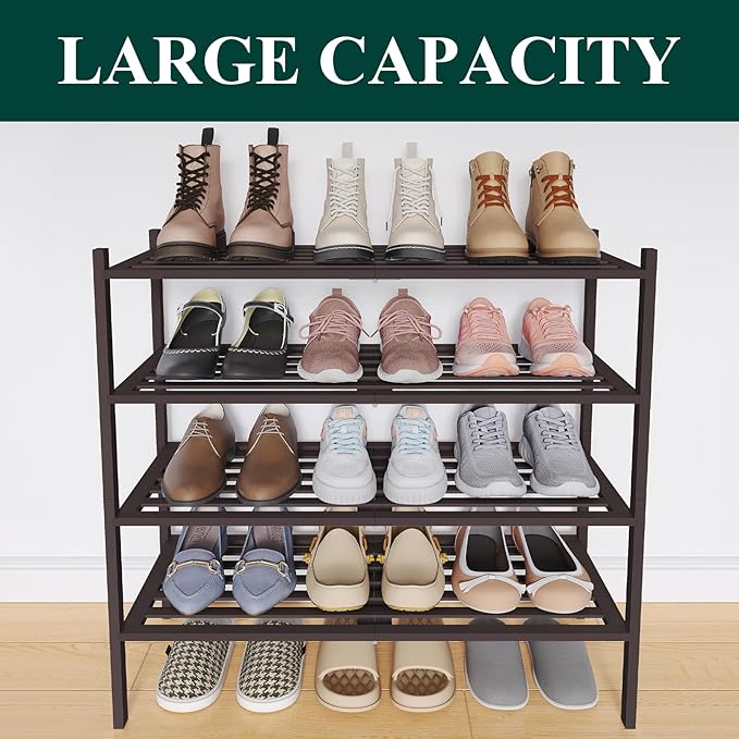 Smiry Bamboo Shoe Rack 4-Tier, Stackable Wooden Shoe Organizer for Entryway & Closet, Free Standing Wood Shoe Storage Shelf for Front Door & Small Spaces, Brown
