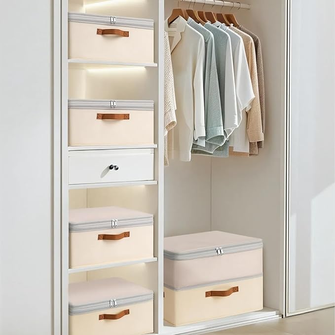 Large Closet Storage Bins - Compression Organizer Bins, Stackable Closet Organizer, Expandable Under Bed Storage Containers for Clothes, Towels, Sheet, 2 Pack, Beige