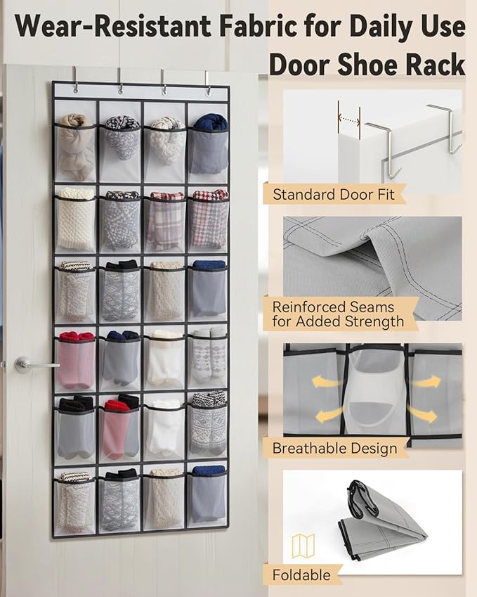 dodowin Over the Door Shoe Organizers, 2 Pack, Each with 24 Deep Mesh Pockets & 4 Metal Hooks, Over The Door Shoe Rack Space Saving Hanging Storage Holder for Closets, Shoes & Accessories, Gray