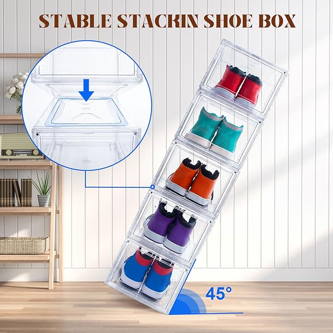 Upgraded 12 Pack Shoe Box,Acrylic Clear Shoe Boxes,Drop Front Shoe Storage Box,Clear Plastic Stackable Sneaker Box,Shoe Containers,Shoe Display Case,Sneaker Storage,Fits Up to Size 15