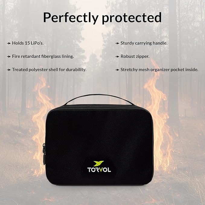 Torvol – LIPO SAFE BAG, Compact LiPo Battery Bag Fireproof, Stores up to 15 LiPo Batteries, Compatible Quad PITSTOP Backpacks, Battery Storage Organizer, 11 × 26 × 20 cm, Black