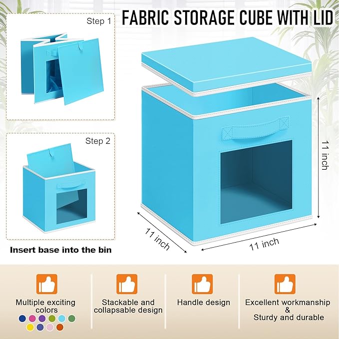 10 Pcs Fabric Storage Cube with Lid 11x11 Inch Fabric Storage Bins with Window Handle Collapsible Cube Organizer Basket for Shelves Closet Bedroom Office Clothes Book Stuffs (Rainbow)