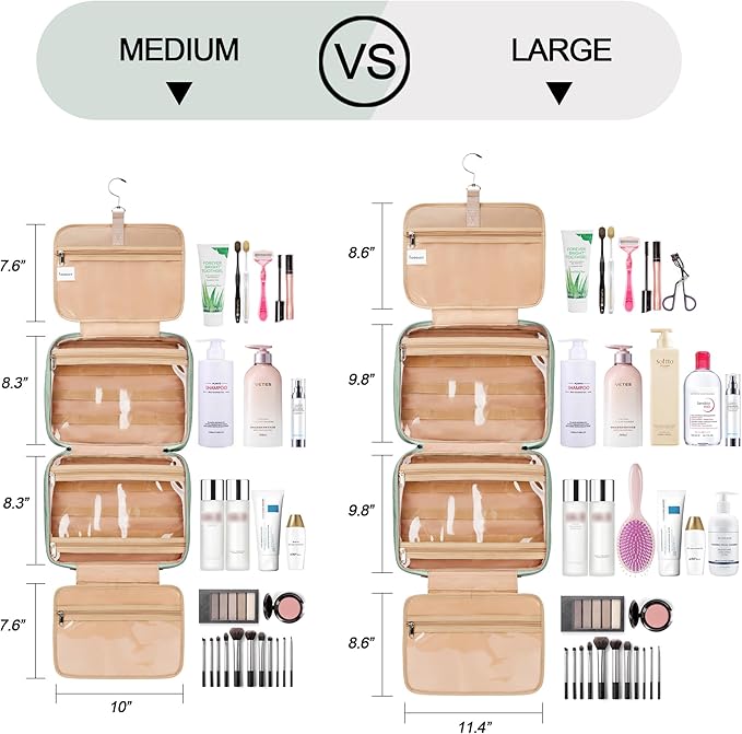 Travel Hanging Toiletry Bag for Women, Cruise Ship Essentials, with Jewelry Organizer, Extra Large Makeup Dopp Kit, Waterproof Cosmetic Bags, Toiletries Kit Set with Trolley Belt, Green