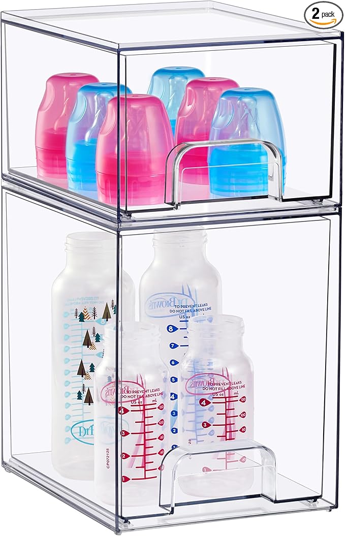 Sorbus Stackable Acrylic Storage Drawers, 2 Pack Clear Plastic Organizer Bins for Baby Bottles, Makeup, Bathroom, Vanity & Countertop Organization, Pull-Out Drawer Design for Cabinets & Pantry