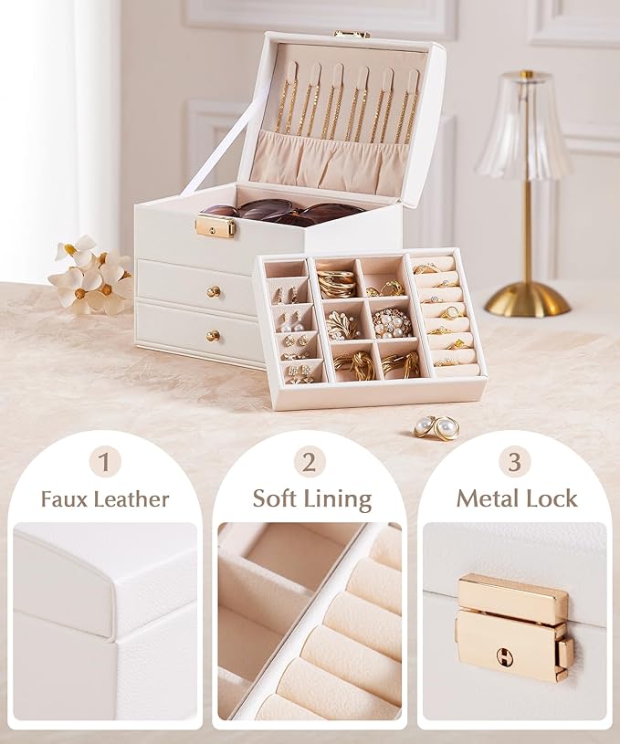 Homde Women Jewelry Box with Lock: 3 Layers Modern Organizer - White Storage for Ring Necklace Earring - Birthday Christmas Gifts for Girls