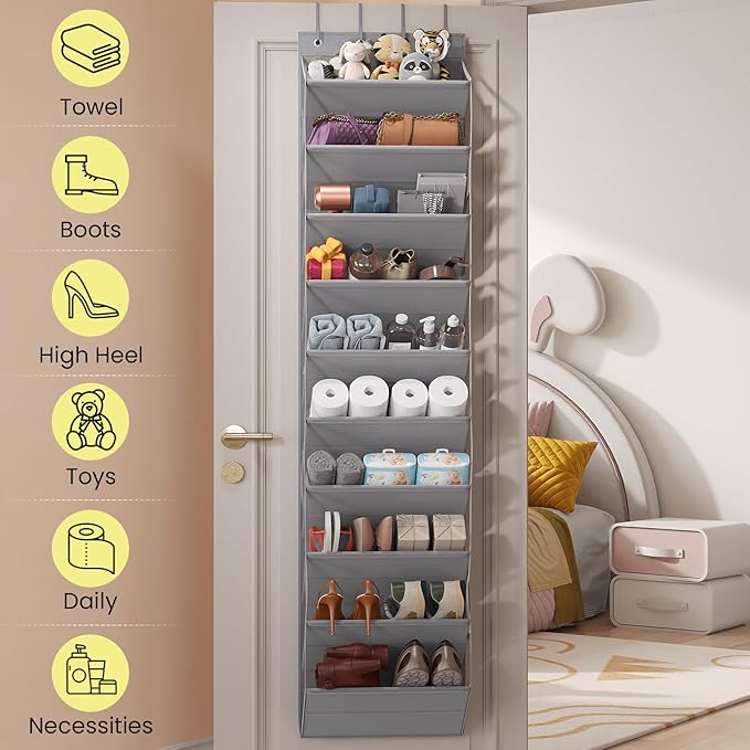 10 Tier Clear Over the Door Shoe Organizer with Deep Pockets, Door Shoes Rack with Hard Tube to Keep the Shape, Hanging Shoe Rack for Closet Organizers & Storage, Behind Door Shoe Holder Grey