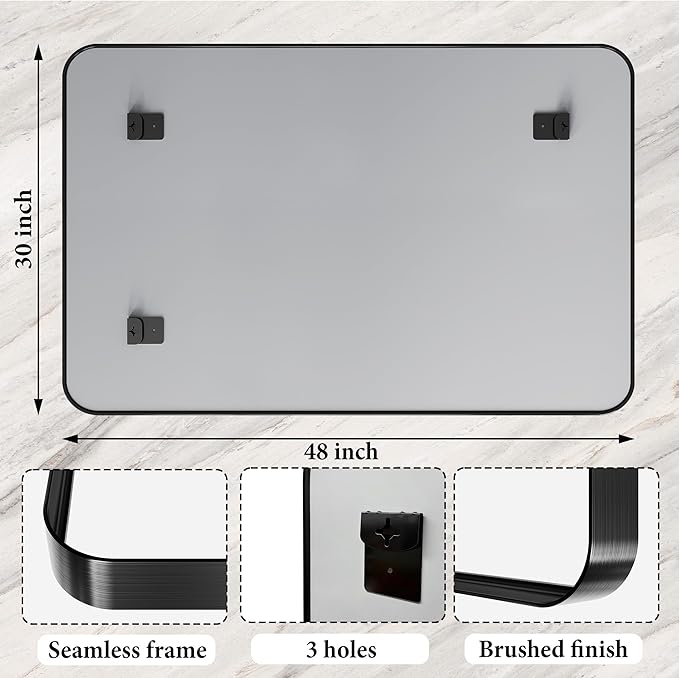 48X30 Inch Black Metal Framed Bathroom Mirror for Wall, Matte Framed Rounded Rectangular Modern Mirrors for Over Sink, Anti-Rust, HD Tempered Glass, Farmhouse, Hangs Horizontally or Vertically