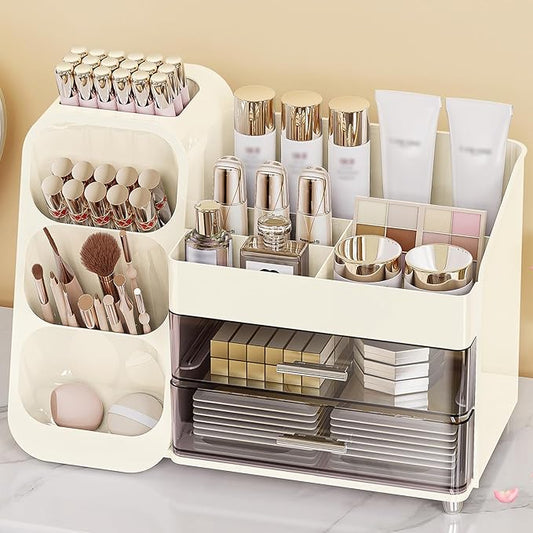 Makeup Organizer with Drawers, Skincare Organizer (Large Size Thick), Storage Box Cosmetic Display Cases, Make up Organizers for Vanity, Dresser, Desk, Kitchen, Countertop (cream)