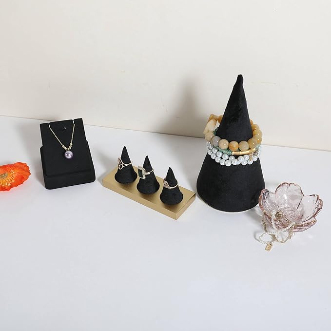 GemeShou black jewelry ring display holder for selling, velvet ring cone display stand, cute cone shaped ring holder with golden coated base,Small jewelry ring storage organizer【Ring holder-black】