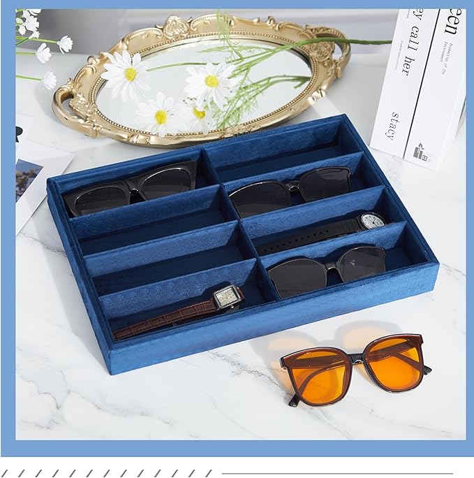Amylove 2 Pcs Sunglass Organizer Trays Glasses Stackable Jewelry Trays Sunglass Organizer Display Box(8 Grids,Navy Blue)