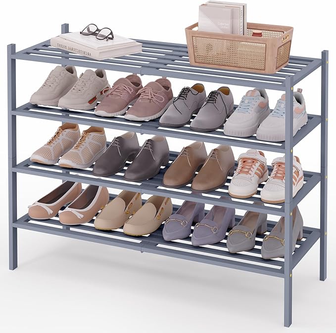 Smiry Long Bamboo Shoe Rack 4-Tier, Stackable Wooden Shoe Organizer for Entryway & Closet, Free Standing Wood Shoe Storage Shelf for Front Door & Small Spaces, Grey