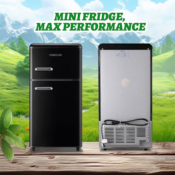 Small Refrigerator with Top Freezer 100Liter Retro Mini Fridge with Adjustable Glass Shelving, 7 Temperature Control and LED Lighting, Retro Black