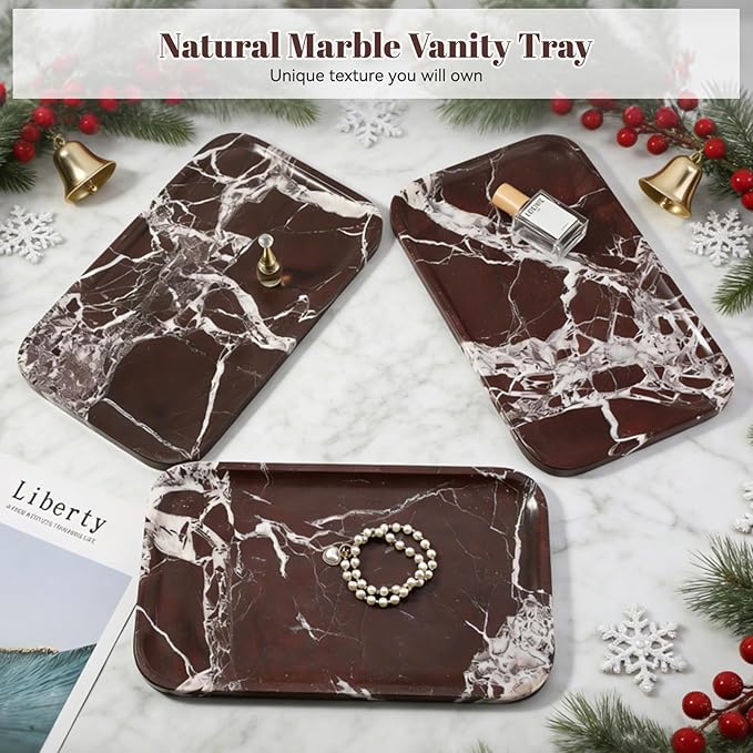 Marble Vanity Tray, Large Stone Bathroom Tray for Countertop, 14'' Rose Red Genuine Marble Decorative Tray for Dresser, Green Kitchen Trays for Counter,Perfume Storage, Non-Resin/Ceramic