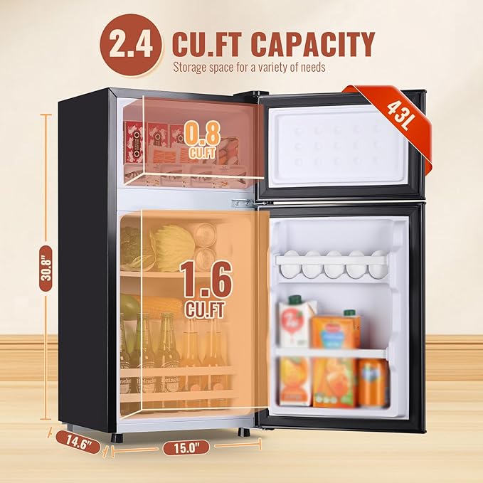 2.4 Cu.ft Mini Fridge with Double Doors Small Refrigerator with Separate Freezer & 7 Adjustable Temperature Control, Tiny Size & Personal Fridge Ideal for Office Apartment Dorm Black