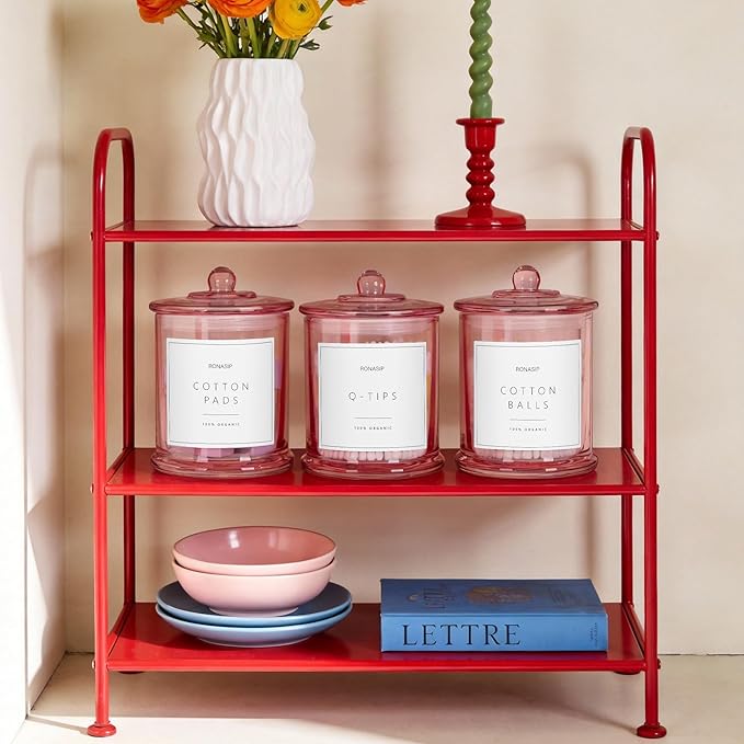 3 Pack Qtip Holder Dispenser, 16oz bathroom Organizer and Storage Canisters, Glass Apothecary Jars with Lid - Home Decor, Room Decor Aesthetic (Pink)