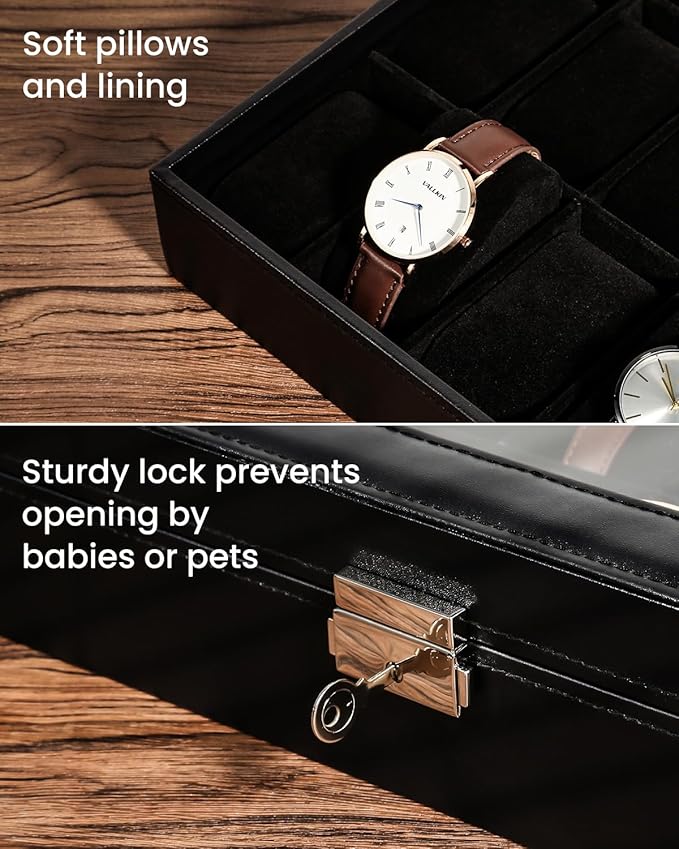 Uten 24-Slot Watch Box, PU Leather Watch Case with Glass Lid, Watch Holder Organizer with Soft Pillow and Velvet Lining, Watch and Jewelry Storage Box
