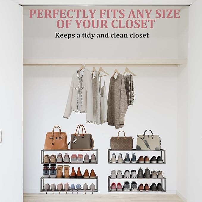 Expandable Wall Mounted Shoe Rack, 17"-31" Adjustable Hanging Shoe Rack Holds 8 Pairs, Heavy Duty Metal Shoe Holder with 2 Storage Hooks, Space Saving for Entryway Closet Doorway（Grey）
