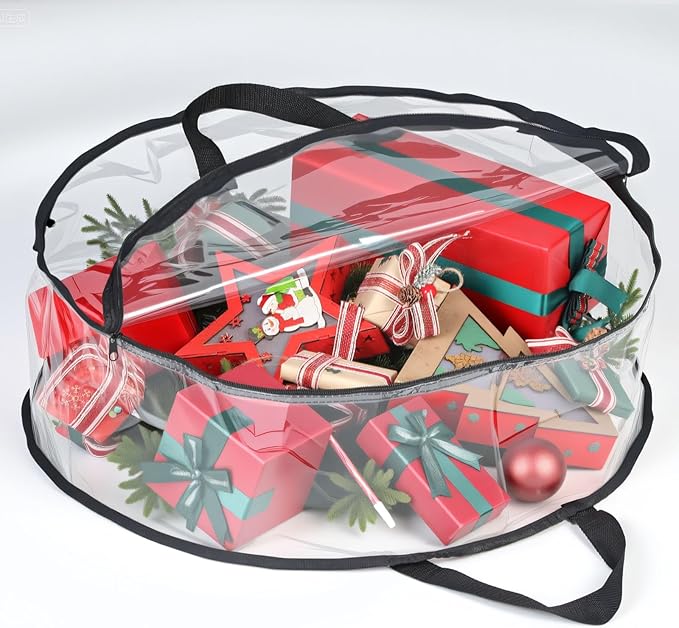 4 PCS Clear Wreaths Storage Bag, 24x8 Inch Christmas Wreaths Storage Container, Heavy Duty PVC Wreath Protector with Handle for Xmas Holiday Seasonal Wreath Garland (Black)