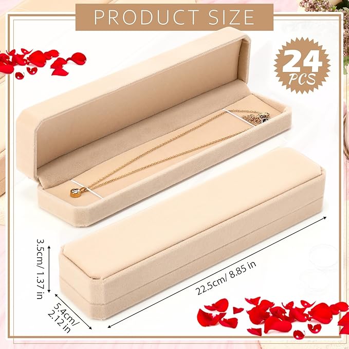 Batiyeer 24 Pcs Velvet Bracelet Box Bulk Jewelry Chain Necklace Box Bracelet Storage Case Long Jewelry Case for Valentine Wedding Pendant Display, 8.86 x 2.13 x 1.38 Inch(Beige)