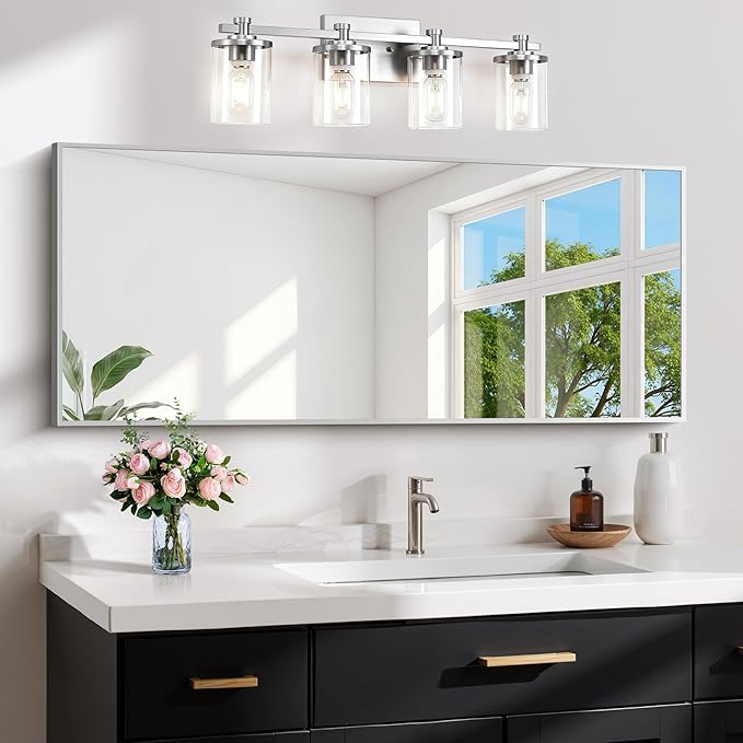 Silver Bathroom Mirror for Wall, 20x48 Inch Rectangle Mirror with Metal Frame, Modern Vanity Mirrors for Bathroom Living Room, Entryway Hangs Horizontal or Vertical