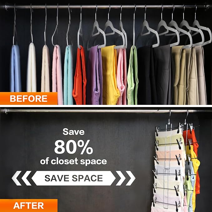 Closet Organizers and Storage, 6 Tier Storage and Organization Pants Hangers Space Saving, Metal Skirt Hangers with Adjustable Clip, 360° Swivel Hook, Dorm Room Essentials for College Students Girls