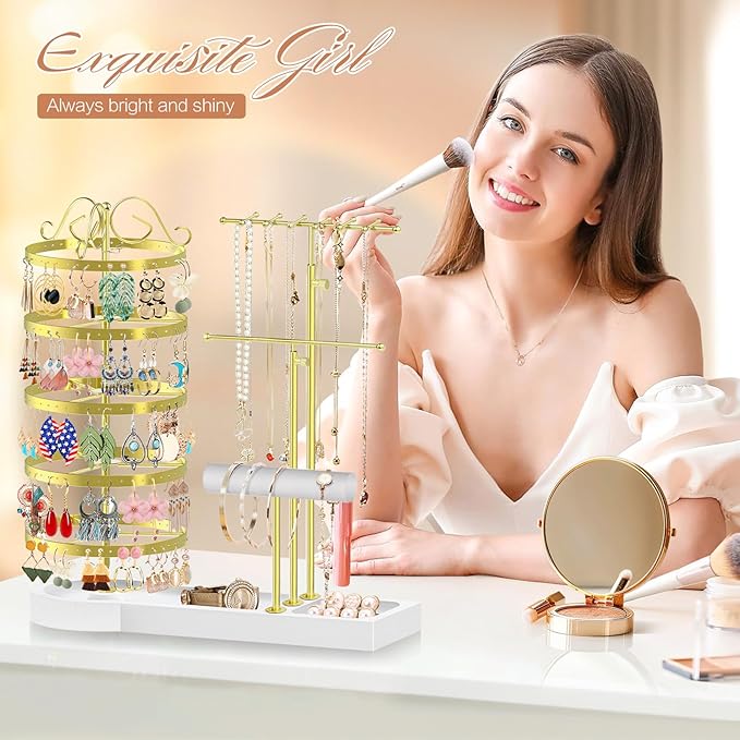 Jewelry Earring Holder Organizer, Adjustable 5 Tiers Rotating Earring Holder 3 Tier Necklace Holder with Wooden Base, Multi-Functional Jewelry Organizer Display Stand for Studs Bracelet Women(Gold)