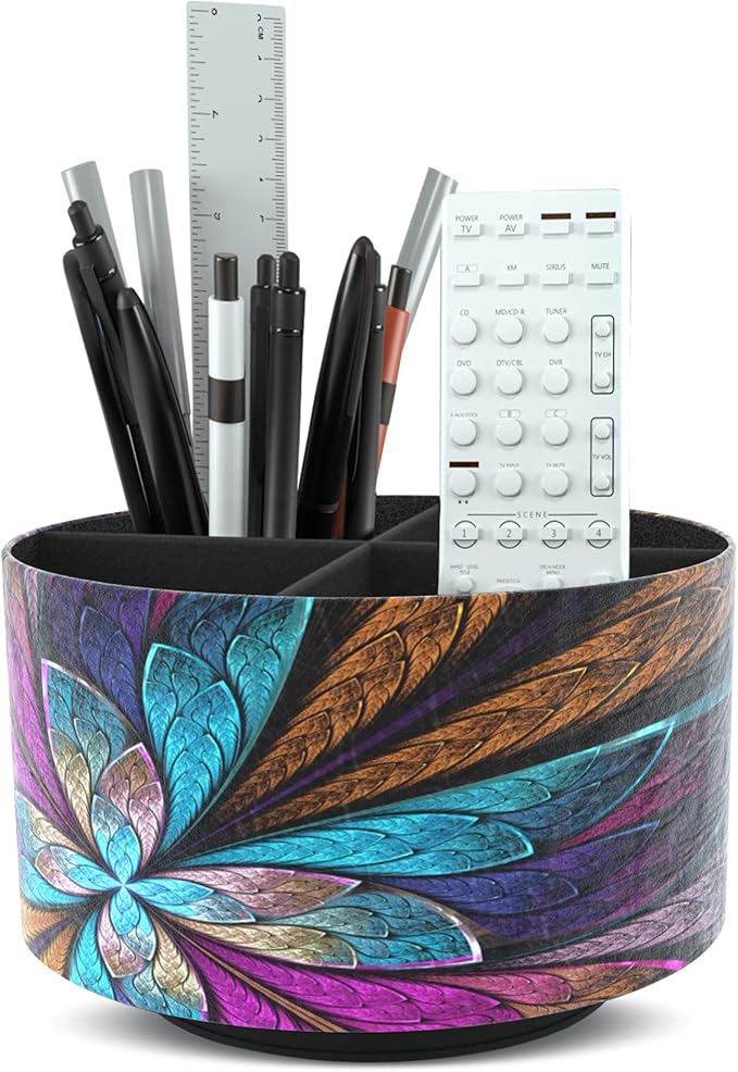 Hennaja Round Leather Art Supply Organizer,Remote Control Holder,360 Degree Rotating,Multi-Functional Pencil Holder,4 Compartments Desktop Stationary Organizer(1-Fractal Flower) | Round, 360 Degree Rotating, Multi-Functional, Desktop