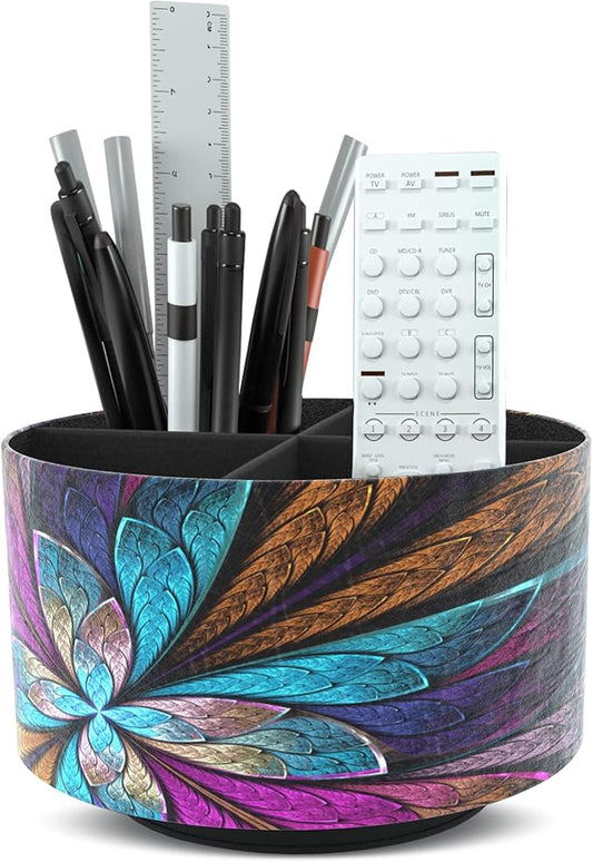 Hennaja Round Leather Art Supply Organizer,Remote Control Holder,360 Degree Rotating,Multi-Functional Pencil Holder,4 Compartments Desktop Stationary Organizer(1-Fractal Flower) | Round, 360 Degree Rotating, Multi-Functional, Desktop