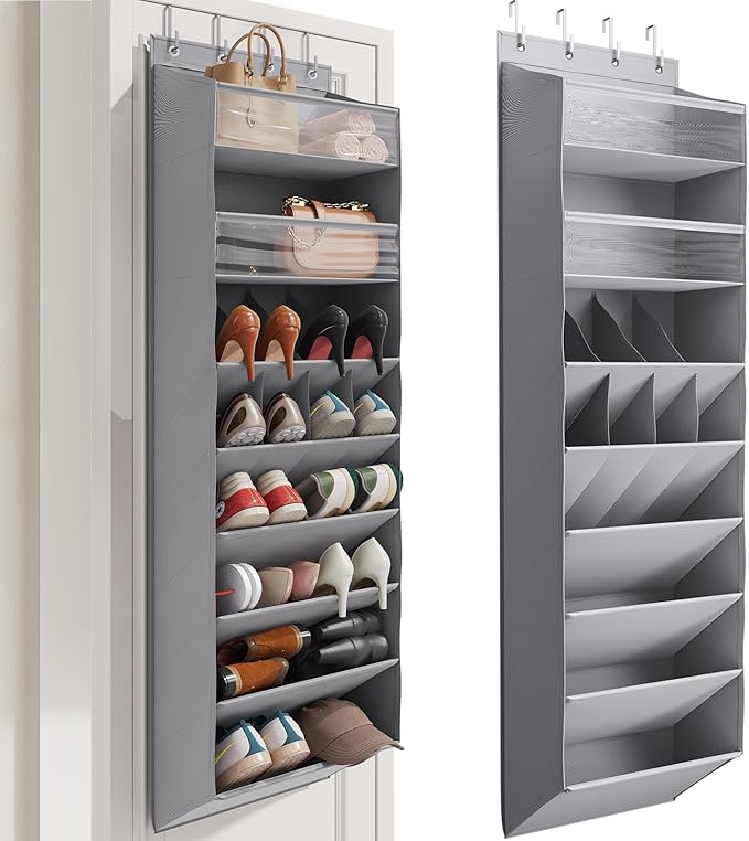 8 Tier Clear Over the Door Shoe Organizer with Deep Pockets, Door Shoes Rack with hard Cardboard and Tubes to Keep the Shape, Hanging Shoe Rack for Closet Organizers, Shoe Holder Grey