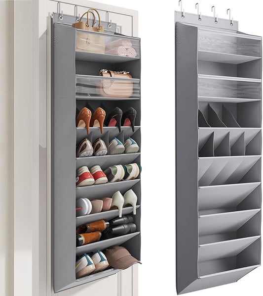 8 Tier Clear Over the Door Shoe Organizer with Deep Pockets, Door Shoes Rack with hard Cardboard and Tubes to Keep the Shape, Hanging Shoe Rack for Closet Organizers, Shoe Holder Grey