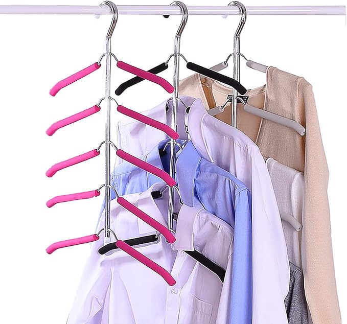 Multi-Layer Clothes Hangers Blouse Tree Hangers 3 Pack 5 in 1 Non Slip Space Saving Stainless Steel Shirt Hangers Closet Organizer（3，Grey）