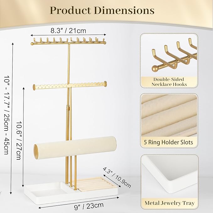 Tirzah 3-Tier Adjustable Jewelry Holder Organizer Stand with 20 Necklace Hooks, 18 Earring Holes and Notches, Bracelet Holder, 6 Ring Rolls, Jewelry Tray for Girls, Women