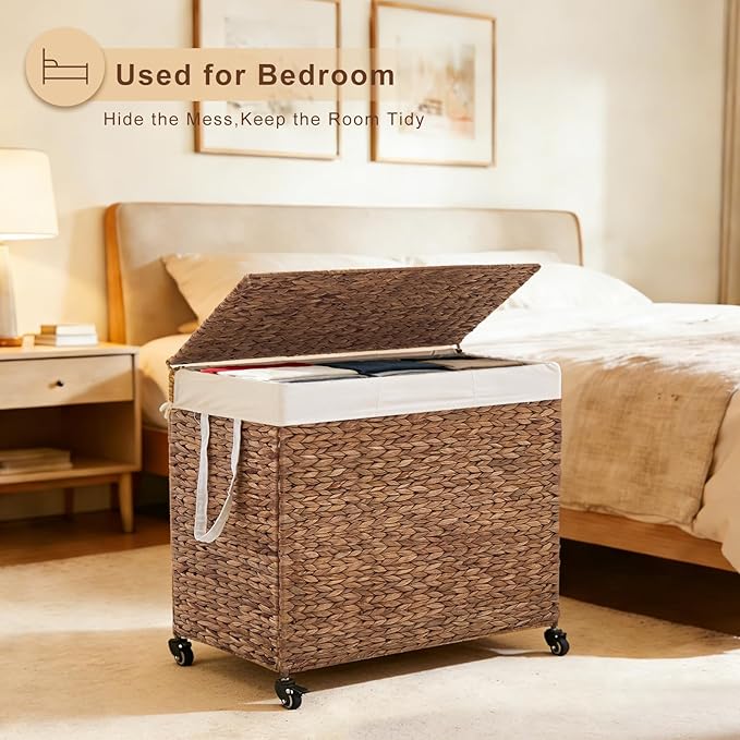 3-Section Laundry Hamper with Lid, Large Capacity Woven Natural Water Hyacinth Laundry Sorter with Removable Liners, Rolling or Non-Slip Design for Bedroom (Espresso, 3-Section)