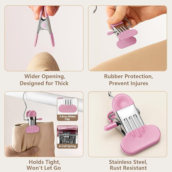 40 Pack Leggings Hangers for Closet Wide Clips, Metal Pants Hangers with Clips, Non-Slip Skirt Boot Skirt Jeans Hanger, Stackable Closet Organizer Space Saving Pink