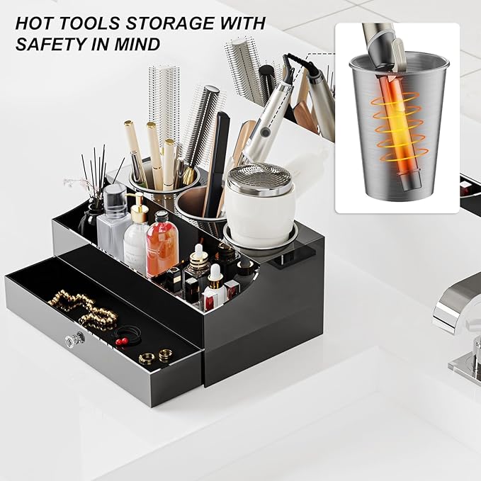 Hair Tool Organizer, Acrylic Hair Blow Dryer Holder Stand for Straightener and Curling Storage, Bathroom Vanity Countertop Organization for Makeup Accessories (Black)