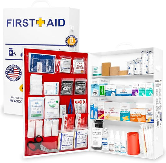 MFASCO 4 Shelf Commercial First Aid Kit, Type I & II, 2021 OSHA Approved,ANSI Z308.1-2021 Compliant, 528 pcs Latex-Free, Wall Mount Cabinet,No Medications,Easy Refilling Instructions, with Tourniquet