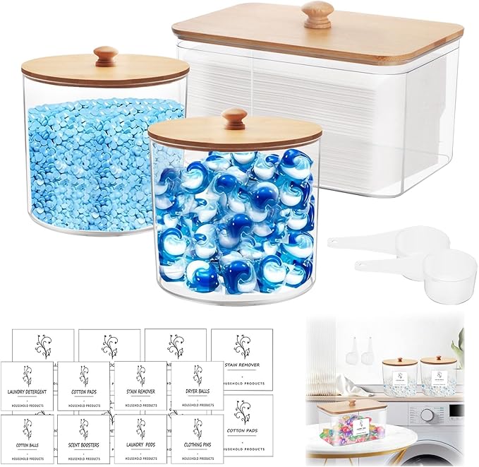 3 Pack Laundry Room Organization Storage Containers, Clear Large Laundry Detergent Powder Storage Containers with Wooden Lids & 16 Labels,Laundry Pods Holder for Scent Booster,Powder,Pods