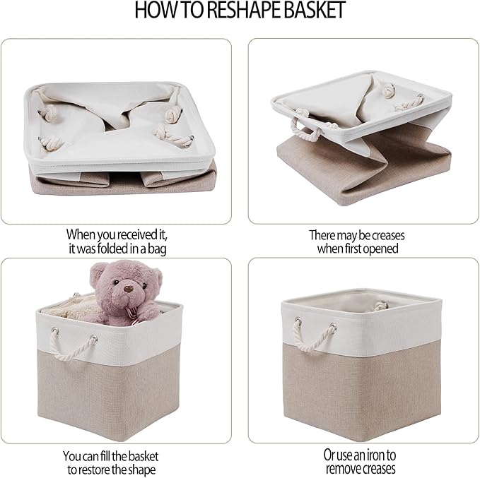 11 x 11 Inch Cube Storage Bins, 6 Pack Large Collapsible Fabric Storage Bin with Ropes, Foldable Storage Cubes for Home, Office,Closet, Clothes, Toys Organizer (White & Beige-11"x11"x11")