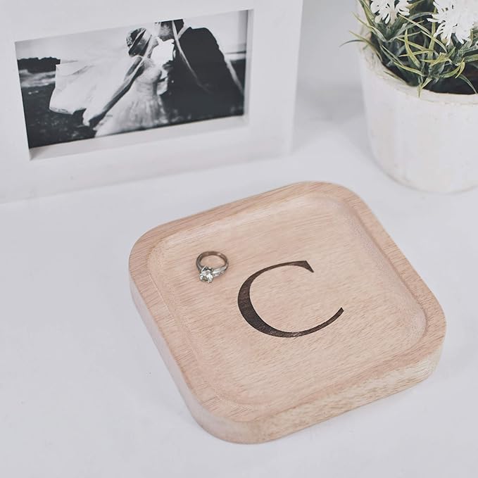 I'm Wooden Personalized Letter Catchall Valet Tray Trinket Dish Jewelry Tray Key Bowl Decorative Plate Organizing Ring Earrings Necklaces Bracelet Watch Coins Wallet Holder (6"x6" Sq Natural C)