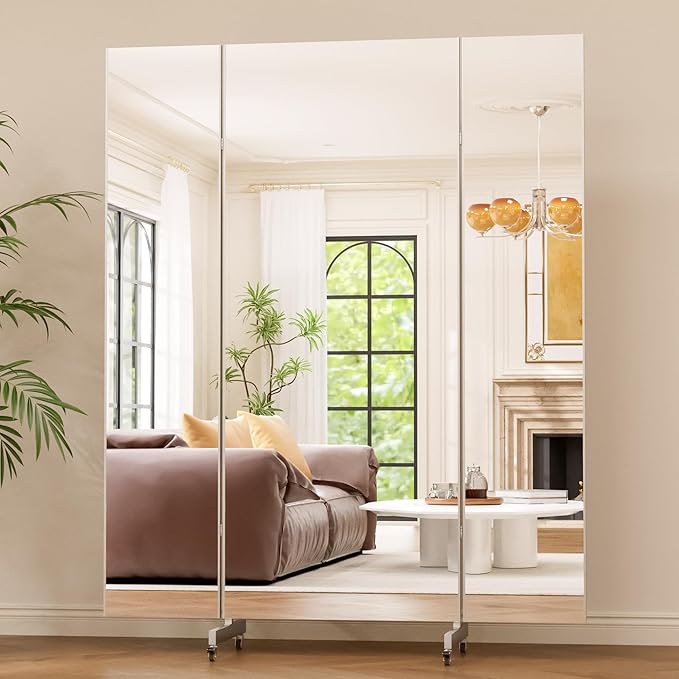 brisafe 67"x55" Folding Mirror with Wheels, 3-Panel Full Length Wall Mirror, Space-Saving Design, Shatterproof Nano Material, Portable Floor Mirror for Gym, Dance Studio, Home, Commercial Use, Silver