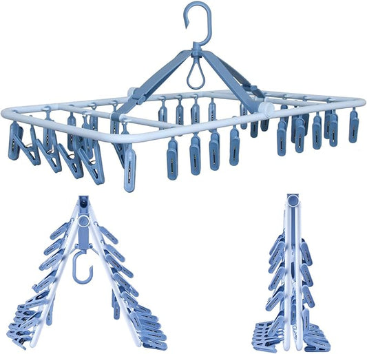 Foldable Clip Hangers Blue with 32Pcs Drying Clips Wind-Proof Hook for Underwear Socks Bras Lingerie Clothes