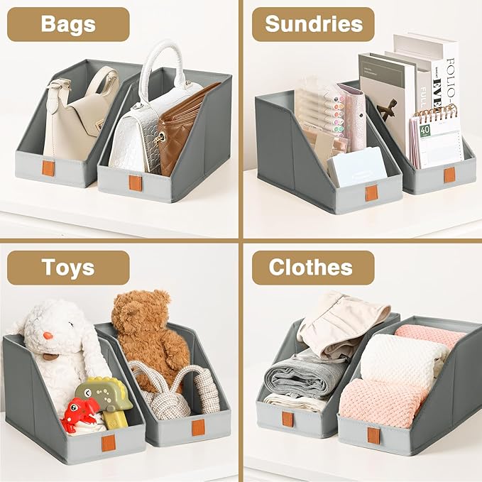 DIMJ Closet Organizers for Purses and Bag Storage, Small Storage Bins Foldable, Storage Baskets for Shelves, Wardrobe, Bedroom, Office - Fabric Cube Storage 4 Pack(Gray, 5.9 x 11.8 x 6.7 in)