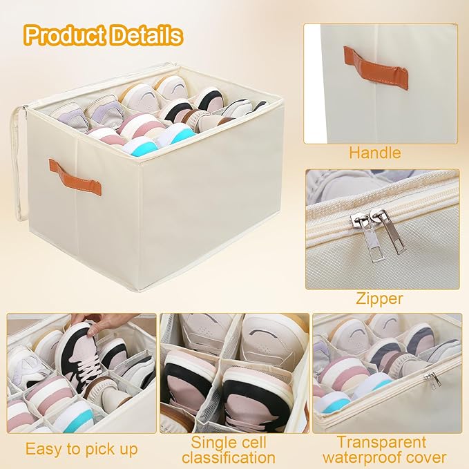 Shoe Organizer for Closet 2 PCS Foldable Shoe Storage Organizer with Clear Cover, Fits up to12 pairs Shoes Organizer Box Bin With Bottom Support (Beige)